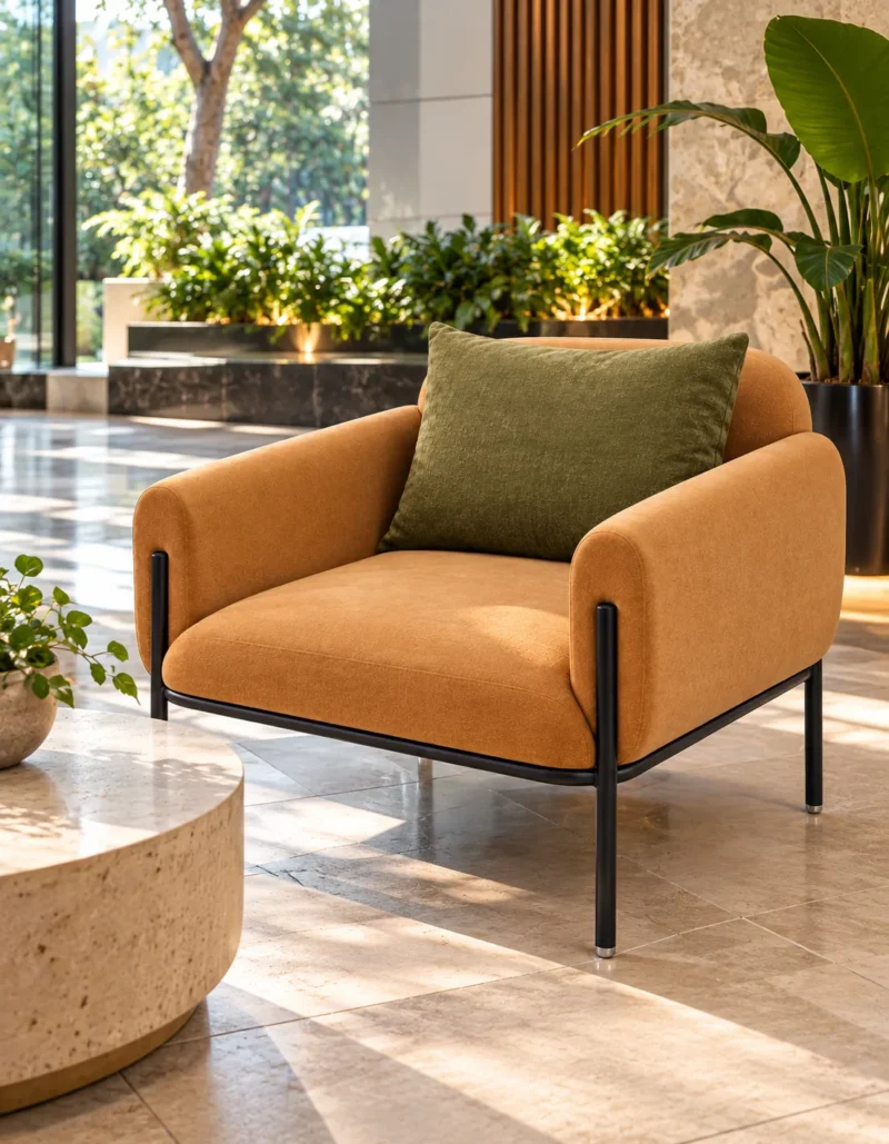 Modern caramel lounge chair with rounded upholstered armrests and olive-green cushion beside large windows and indoor plants.