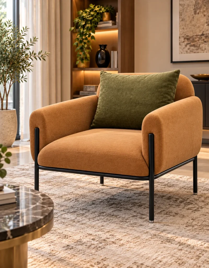 Designer caramel-tan accent chair with textured fabric upholstery, olive-green cushion and black metal legs in a luxury living room.