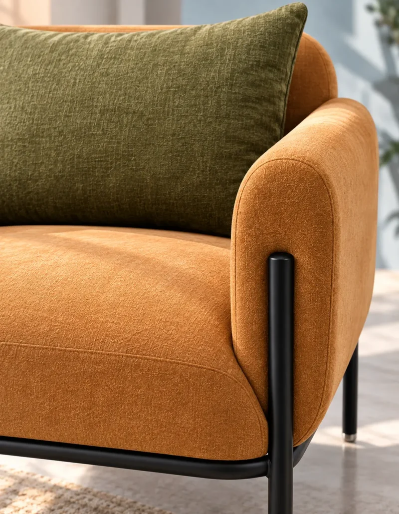 Close-up of caramel textured fabric accent chair showing curved padded armrest, olive-green cushion, stitched seat and black stainless steel frame.