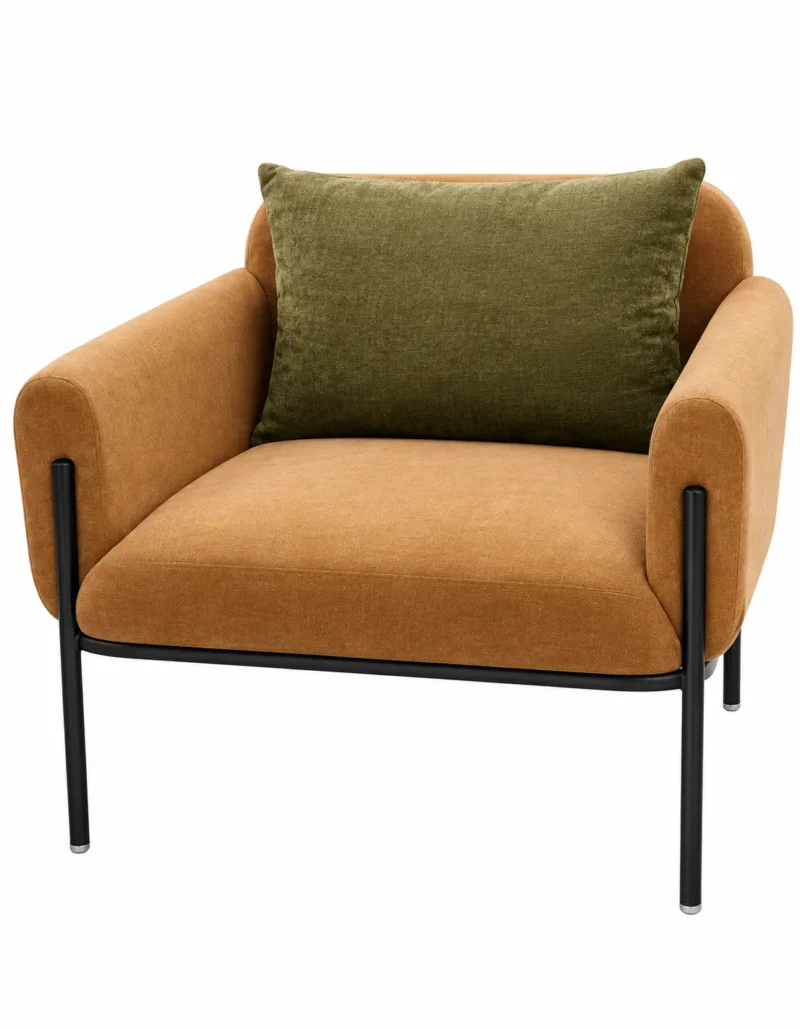 Velora Luxe caramel fabric accent chair with rounded padded arms, olive-green cushion and black stainless steel legs on white background.