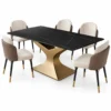 Veltrix Luxe rectangular black marble dining table with sculptural gold stainless steel base and five upholstered chairs on white background.