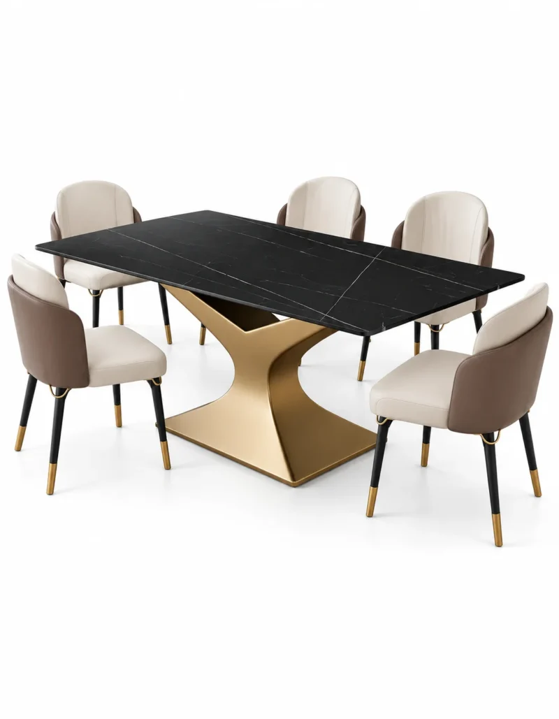 Veltrix Luxe rectangular black marble dining table with sculptural gold stainless steel base and five upholstered chairs on white background.
