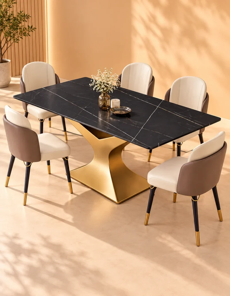 Luxury black marble dining table with gold curved pedestal and five cream upholstered chairs in a warm modern dining room.