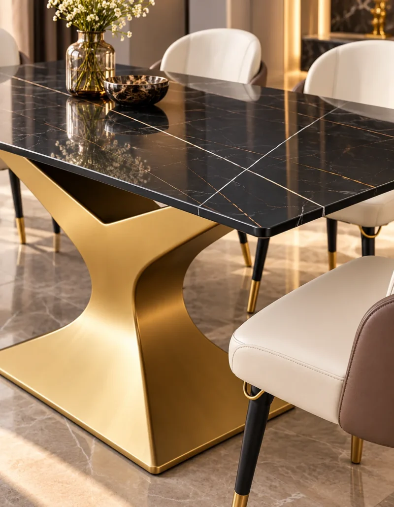 Close-up of polished black marble dining tabletop with fine gold and white veining above a sculptural gold stainless steel pedestal.