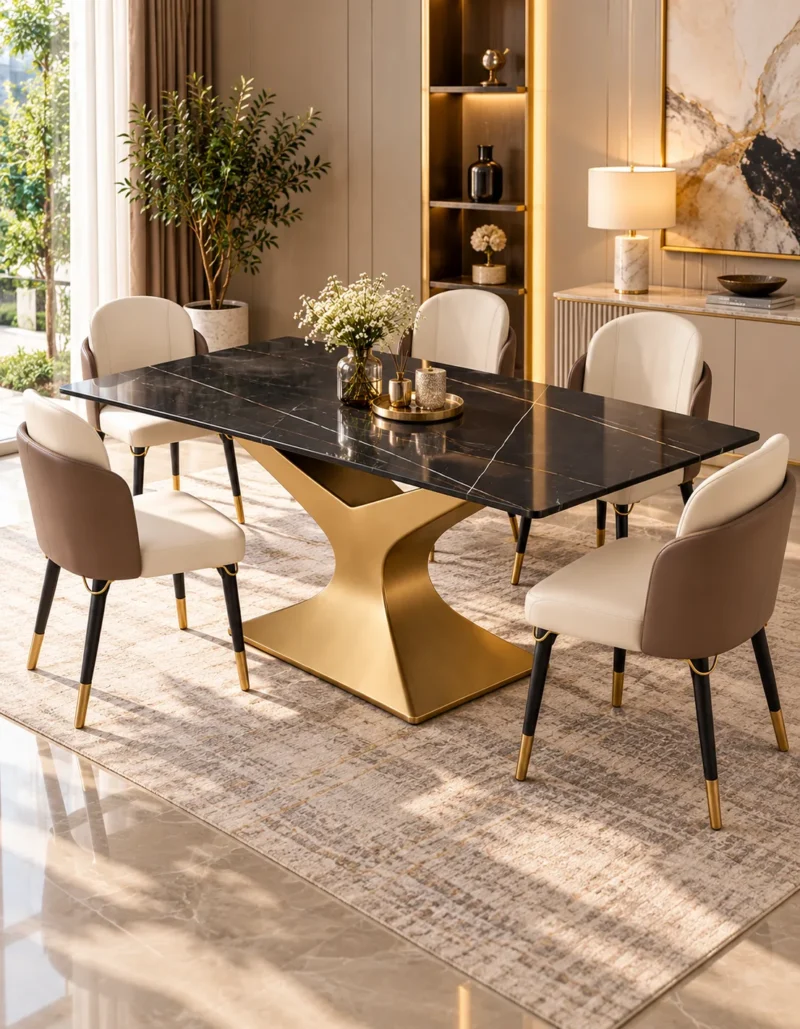 Rectangular black marble dining table with gold stainless steel base and cream upholstered chairs in a luxury dining room.