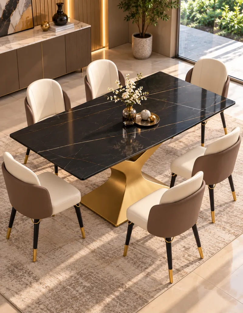 Elevated view of black marble dining table with gold sculptural base, five upholstered chairs and a decorative floral centrepiece.