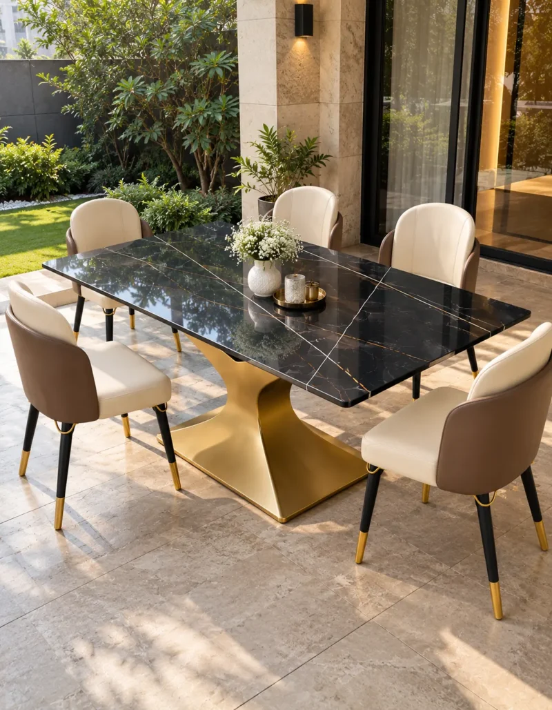 Black marble dining table with sculptural gold stainless steel base and cream dining chairs beside a garden-facing glass doorway.