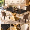 Alliance International promotional graphic showing black marble dining table, gold stainless steel base and upholstered chairs with material detail callouts.