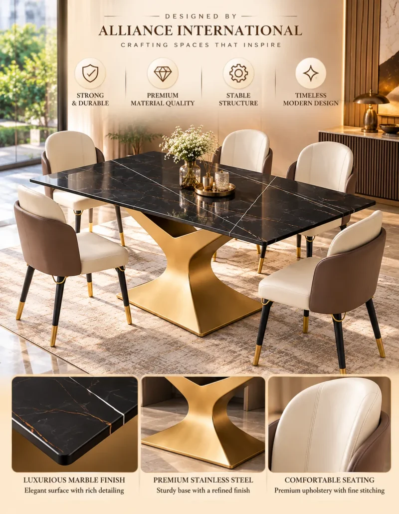 Alliance International promotional graphic showing black marble dining table, gold stainless steel base and upholstered chairs with material detail callouts.