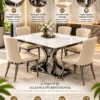 Veylora Luxe square marble dining table set with six cream upholstered chairs and stainless steel curved base, highlighting product features.