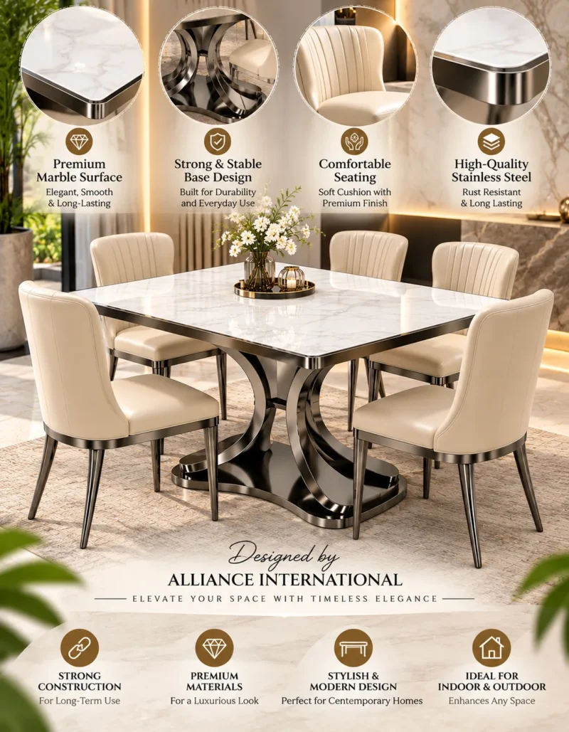 Veylora Luxe square marble dining table set with six cream upholstered chairs and stainless steel curved base, highlighting product features.