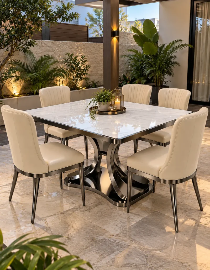 Six seater square white marble dining table with curved stainless steel pedestal and cream upholstered chairs in a garden-side patio setting.