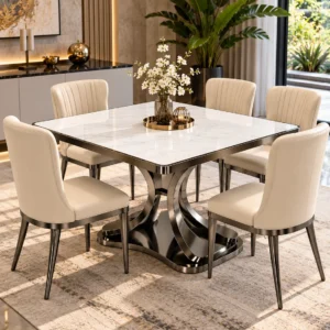 Luxury square marble dining table with dark metallic curved pedestal and six cream fabric dining chairs in a contemporary interior.