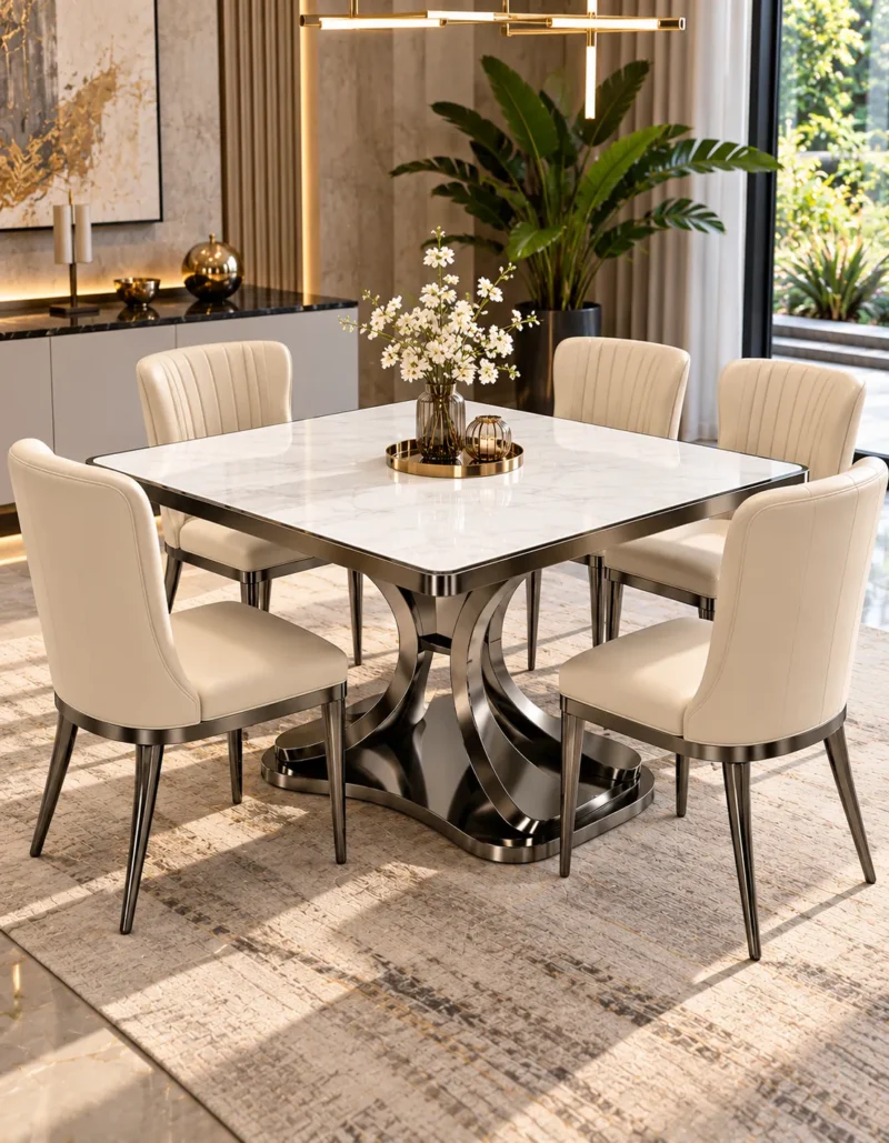 Luxury square marble dining table with dark metallic curved pedestal and six cream fabric dining chairs in a contemporary interior.