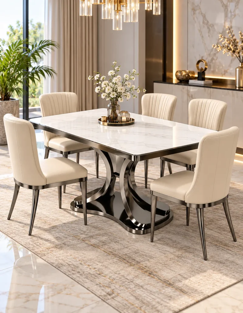 Modern square marble dining table set for six with cream upholstered chairs, stainless steel frames and curved pedestal base.