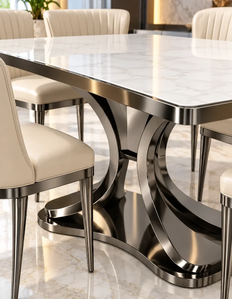 Close-up of white marble dining tabletop with rounded stainless steel edging and sculptural curved metallic pedestal.