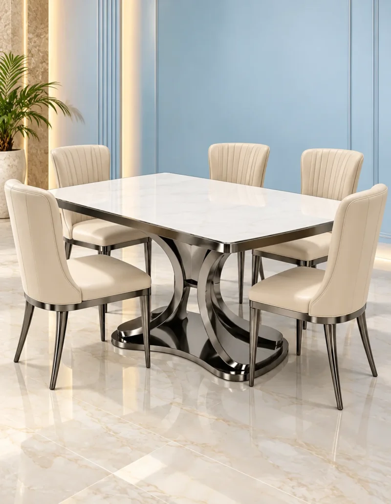 Square white marble dining table with six ivory upholstered chairs and dark stainless steel pedestal against a pale blue interior wall.