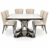 Front view of Veylora Luxe square marble dining table set with six cream fabric chairs and symmetrical curved stainless steel pedestal.