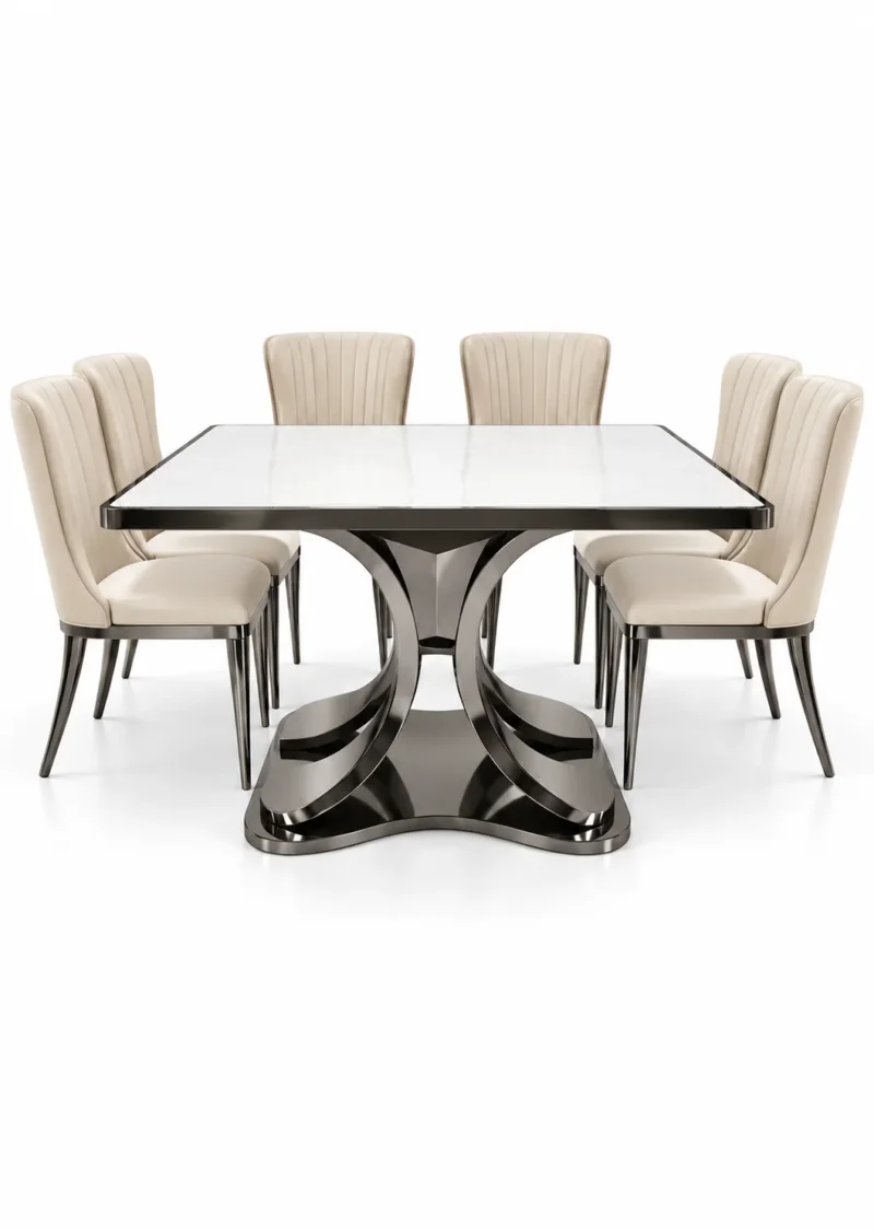 Front view of Veylora Luxe square marble dining table set with six cream fabric chairs and symmetrical curved stainless steel pedestal.
