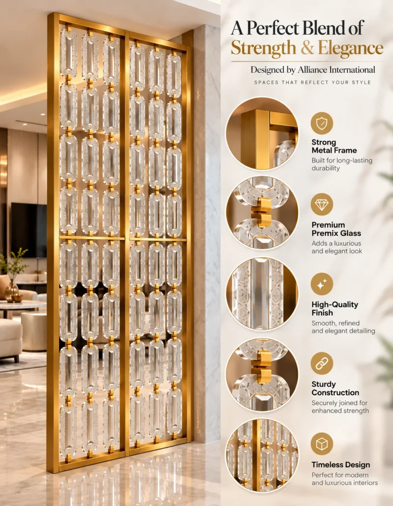 Virella Link Luxe Premix Glas partition with gold stainless steel frame and design features
