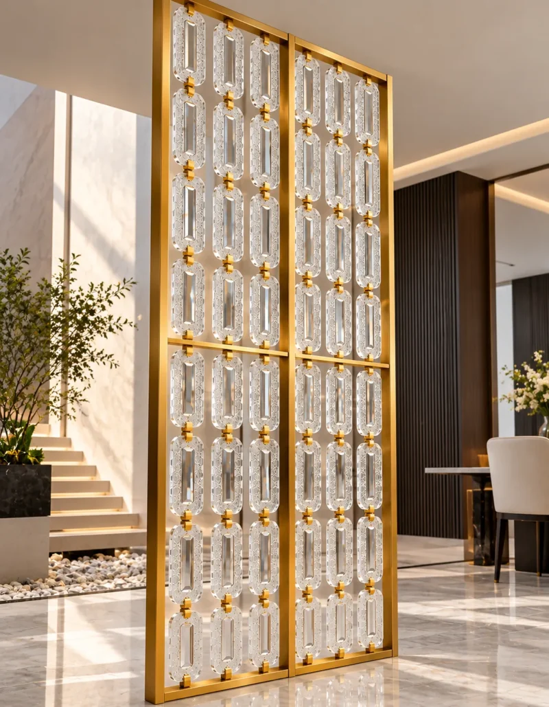 Chain link Premix Glas room divider with gold frame near modern staircase
