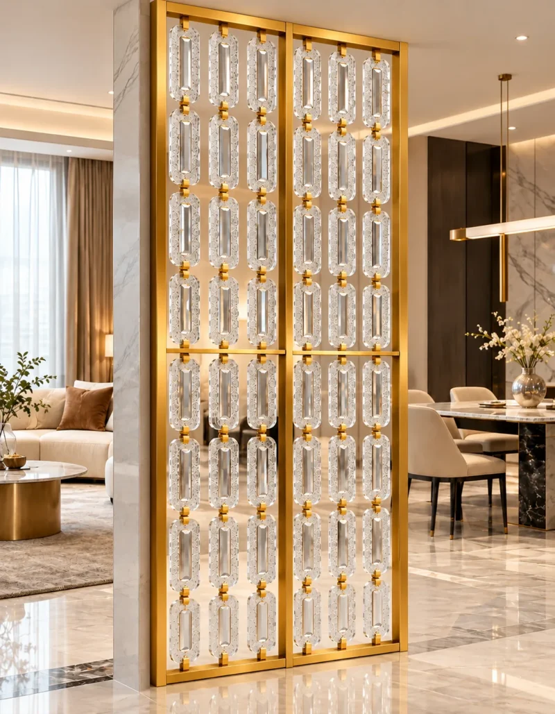 Luxury Premix Glas partition separating living room and dining area