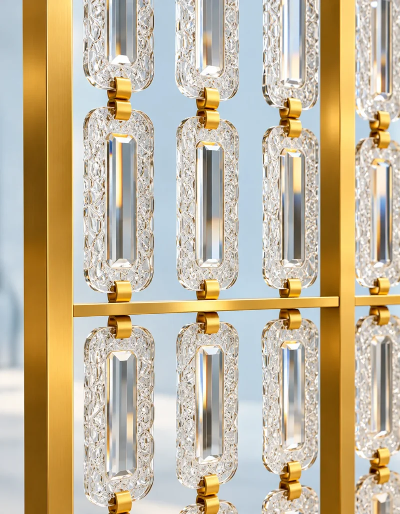 Close-up of textured Premix Glas links and gold connectors on room partition