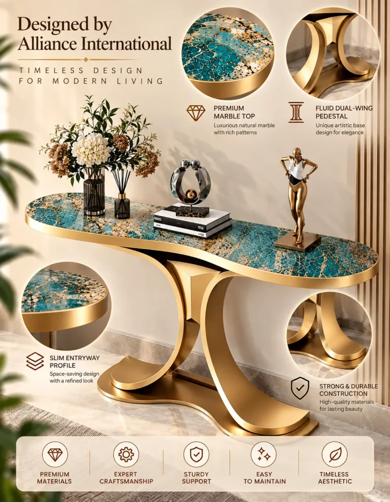 Virella Luxe teal marble console table with gold stainless steel dual-wing pedestal and premium material feature callouts.