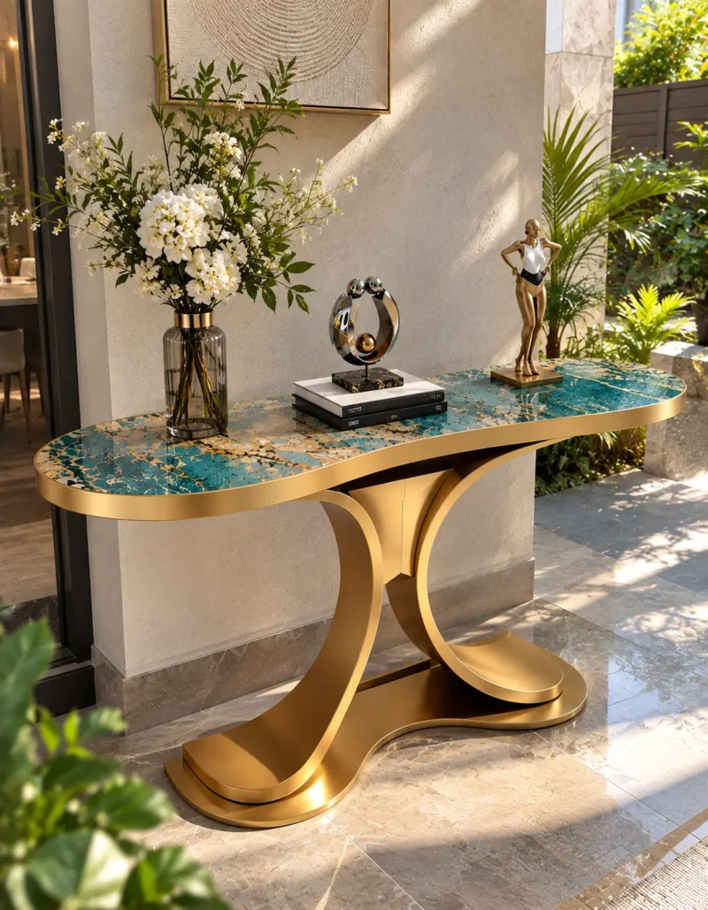 Luxury teal marble console table with gold curved dual-wing base and decorative flowers beside a sunlit garden entrance.