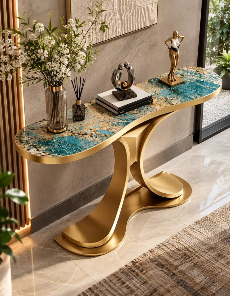 Elevated angled view of teal blue marble console table with gold veining, rounded ends and sculptural stainless steel pedestal.