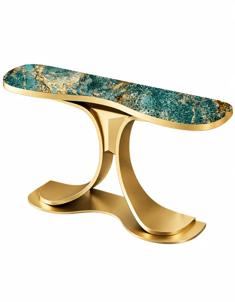 Virella Luxe teal blue marble console table with gold stainless steel dual-wing pedestal and elongated rounded top on white background.