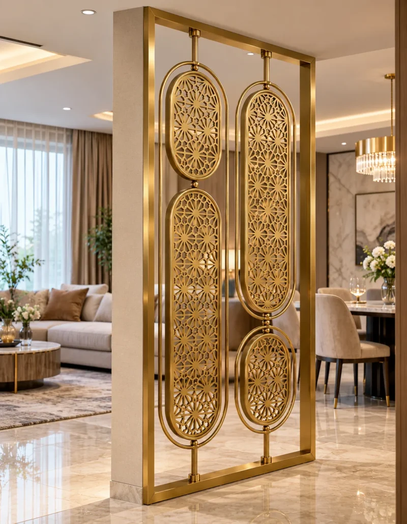 Gold floral stainless steel partition separating luxury living and dining areas