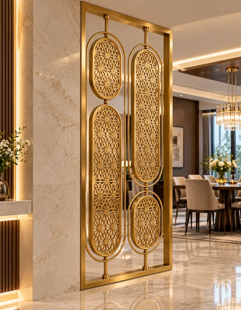 Decorative oval floral metal partition with gold frame beside marble wall