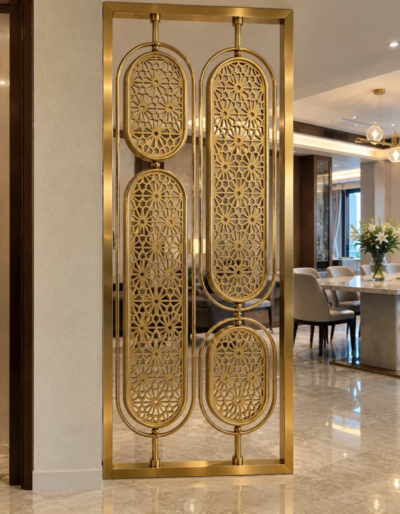 Modern gold room divider with four oval floral panels beside dining room