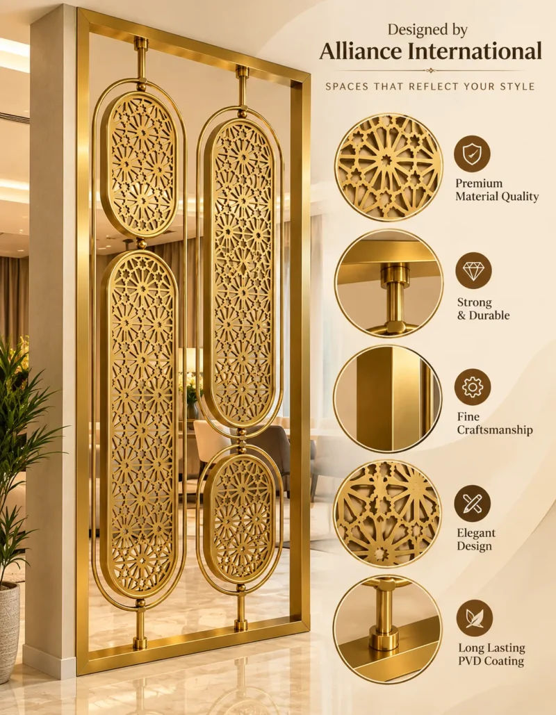 Zariya Star Luxe gold stainless steel partition with material and construction feature details