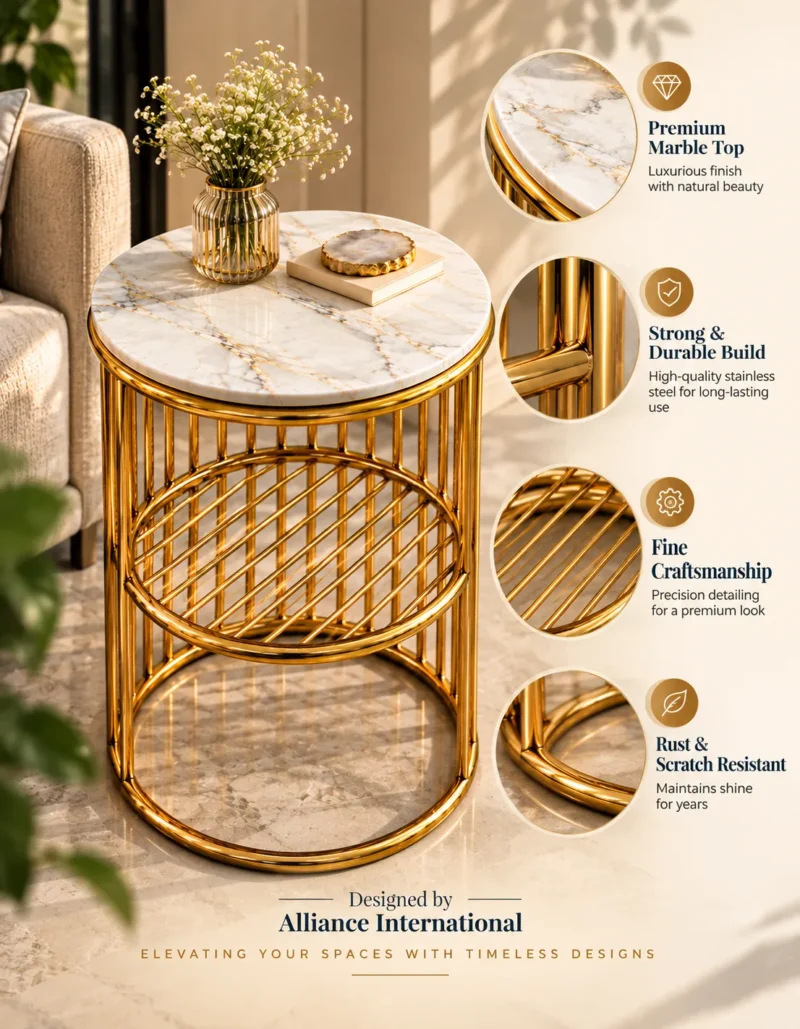Zenvora Luxe gold lattice marble side table with stainless steel frame and premium product feature details