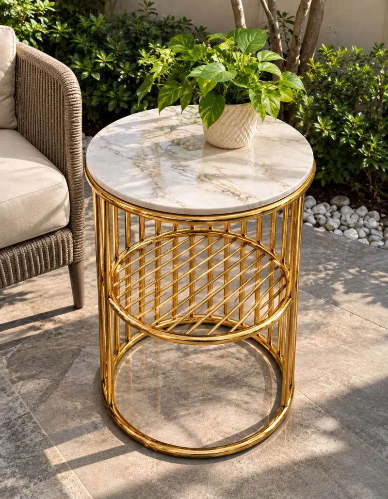 Round gold marble side table with circular lattice shelf displayed beside patio seating and green plants
