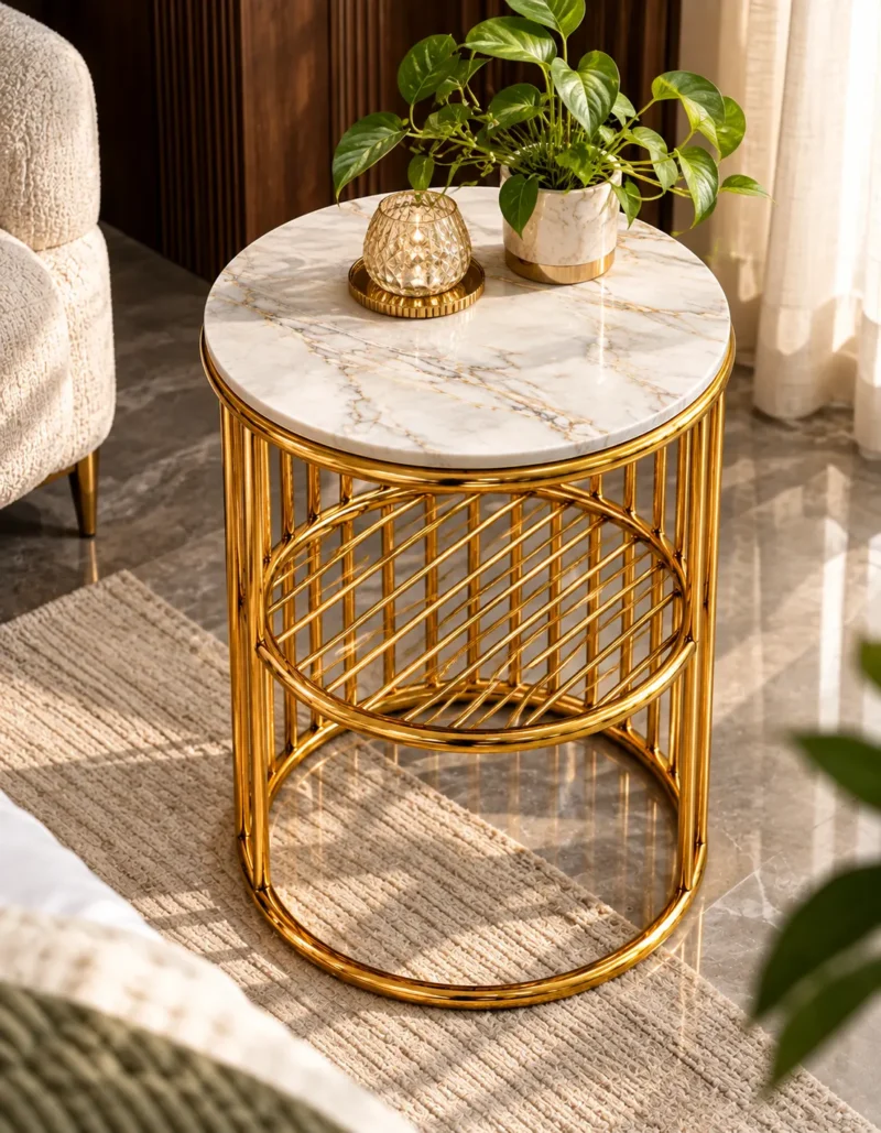 Luxury white marble side table with polished gold cylindrical frame beside a cream accent chair