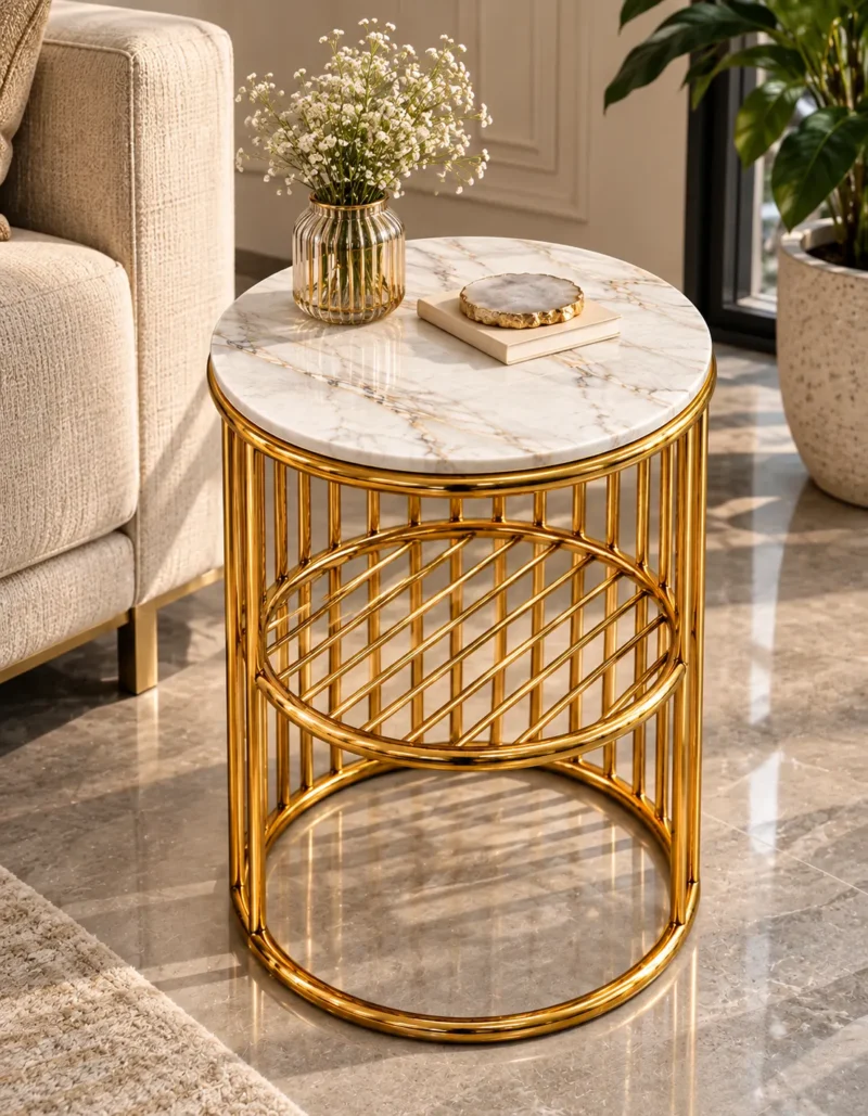 Designer round marble side table with gold stainless steel lattice shelf placed next to a luxury sofa