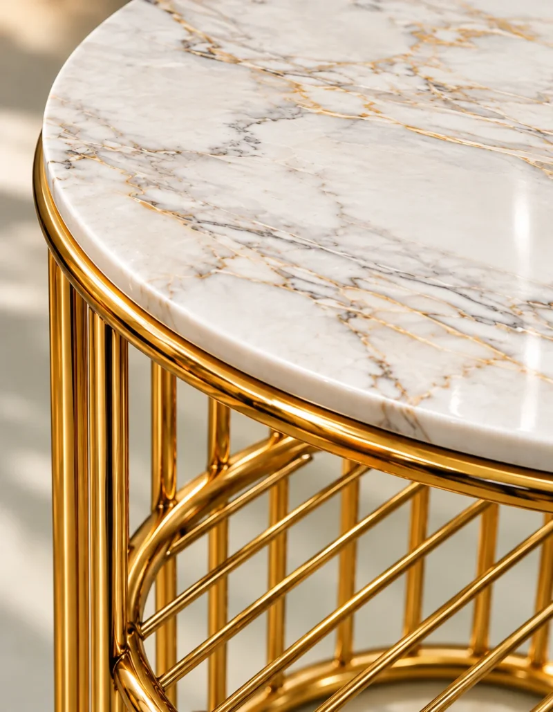 Close-up of white marble side table top with gold grey veining and polished gold stainless steel lattice frame