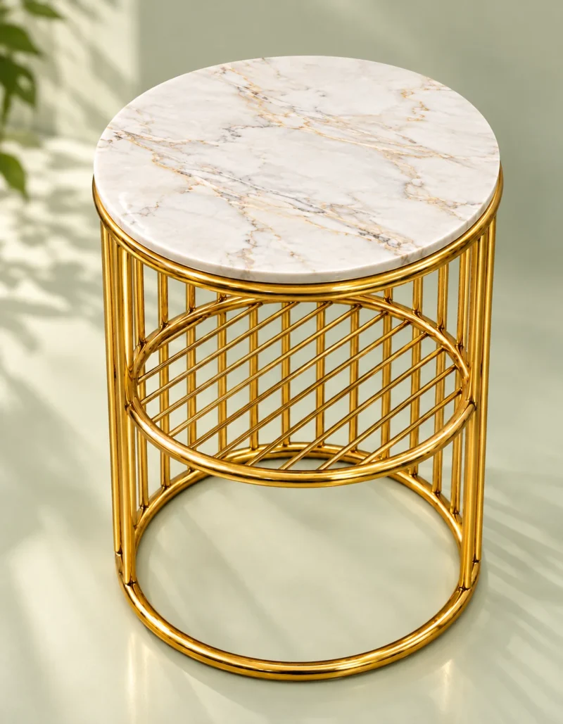 Zenvora Luxe gold lattice marble side table with round white top and cylindrical steel base on light green background