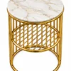 Zenvora Luxe round white marble side table with polished gold stainless steel frame and circular lattice shelf on white background