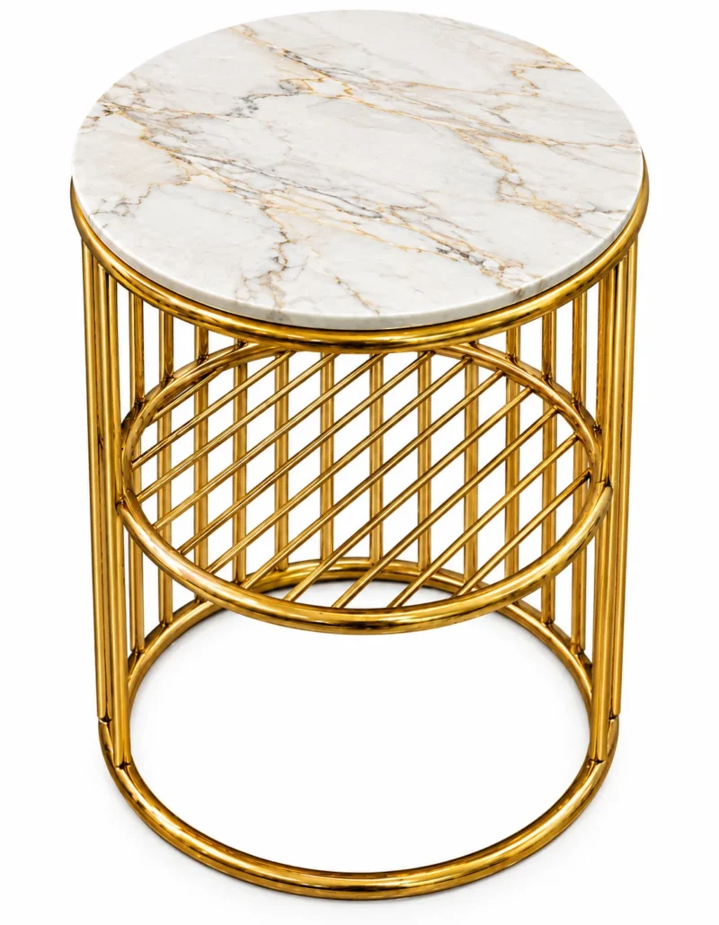 Zenvora Luxe round white marble side table with polished gold stainless steel frame and circular lattice shelf on white background