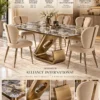Zenvora Luxe marble dining table set with gold sculptural pedestal and cream chairs in premium feature showcase
