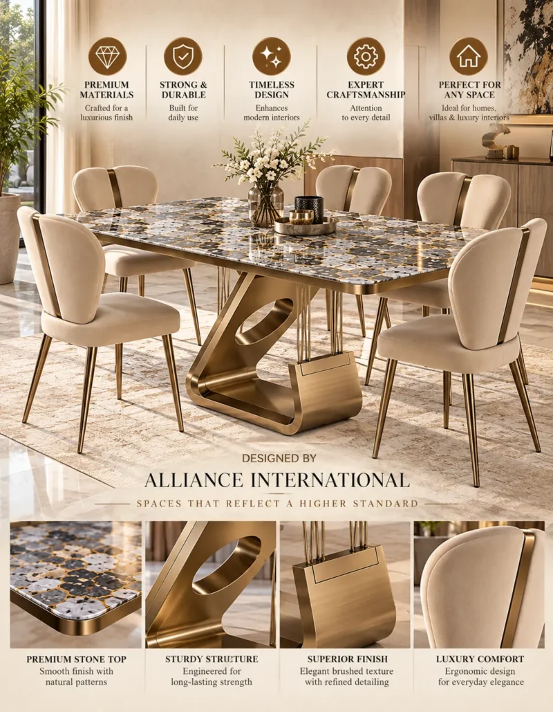 Zenvora Luxe marble dining table set with gold sculptural pedestal and cream chairs in premium feature showcase