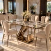 Luxury six seater marble dining table with gold sculptural stainless steel base and cream upholstered chairs