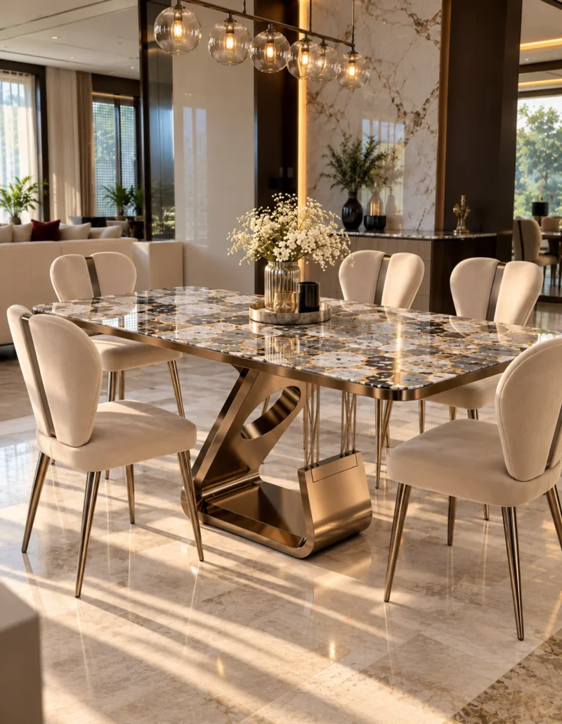 Luxury six seater marble dining table with gold sculptural stainless steel base and cream upholstered chairs