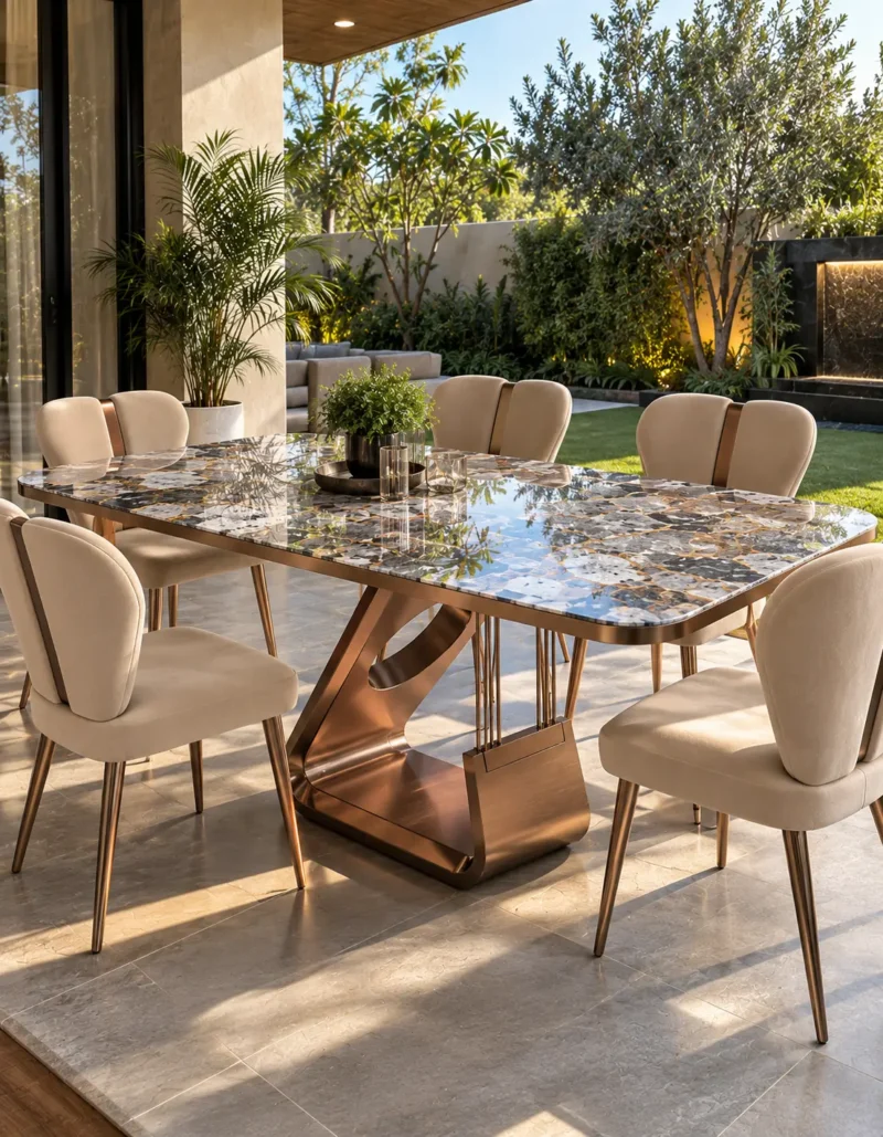 Modern marble dining table set with bronze-gold metal pedestal and cream chairs in a covered garden-facing dining area