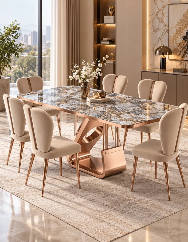 Six seater designer marble dining table with rose gold sculptural base and beige upholstered dining chairs