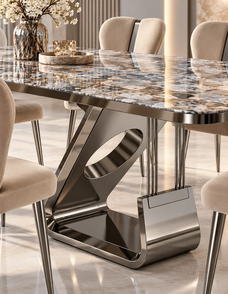 Close-up of gunmetal sculptural stainless steel dining table base with oval cut-out beneath patterned marble top